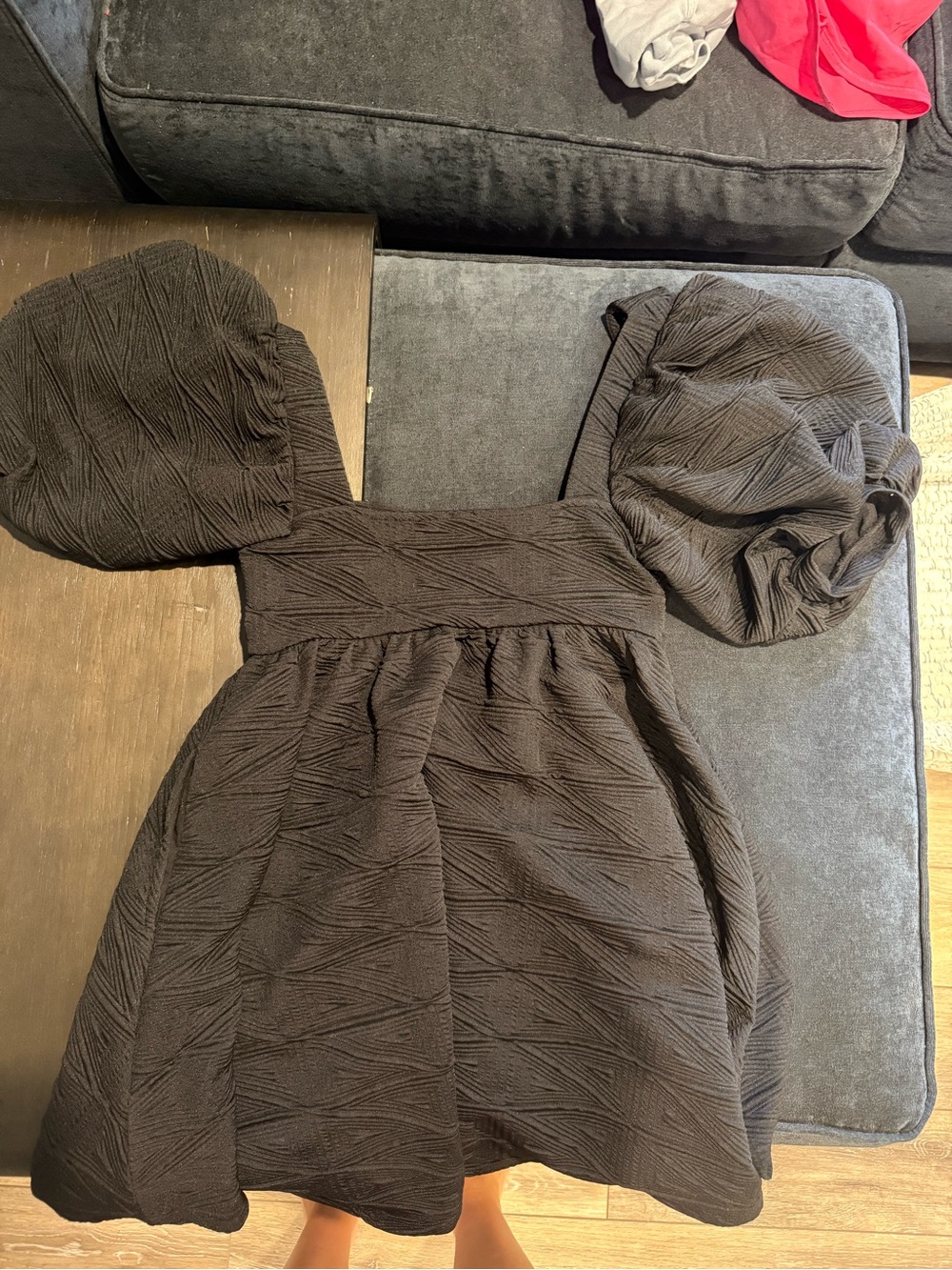FP Puff-Sleeve Black Textured Dress